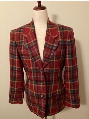 GAP VINTAGE Red Plaid Blazer with Multicolor Windowpane wool blend size small
